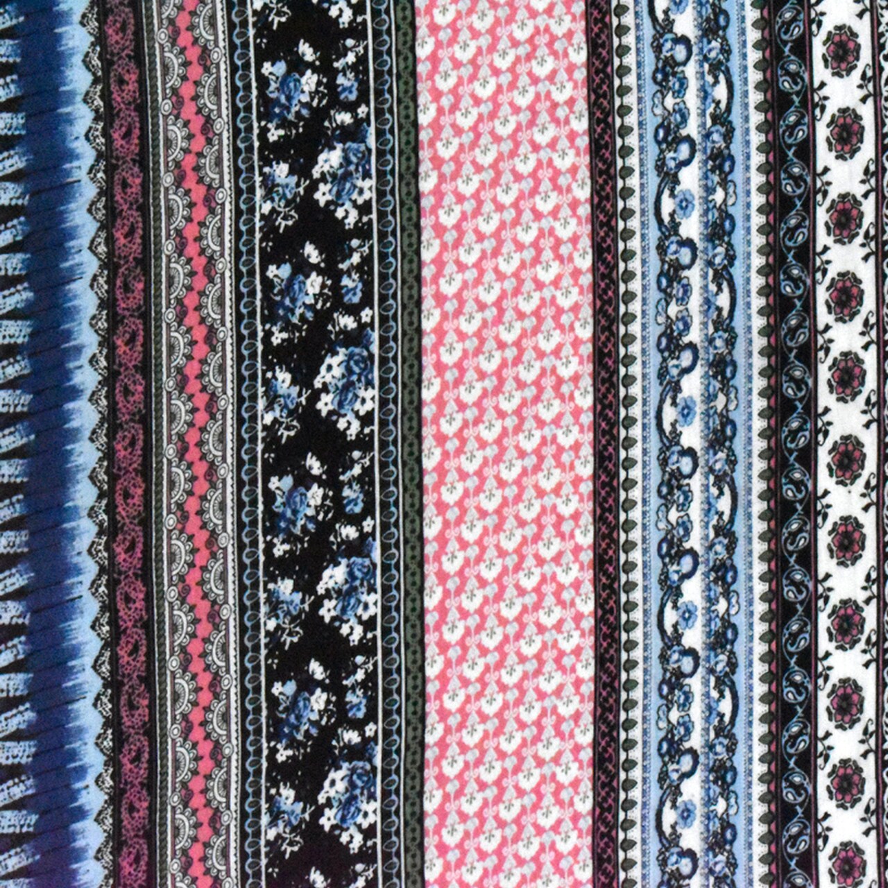 Deep Blue-Pink-Multi Striped Floral Print Rayon Stretch Jersey Knit Fabric By the Yard